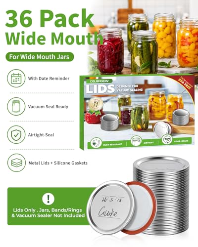 36Pcs Wide Mouth Canning Lids, 86mm Food Grade Mason Jar Lids, 100% Fit Airtight Lids for Ball and Kerr Preserving Jars - size: 36 Lids for Wide Mouth Jar