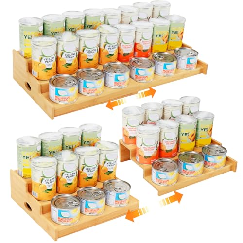 Expandable Can Rack Organizer for Pantry, 3 Tier Bamboo Adjustable Can Storage Holder, Soda Organizer Holds Up to 24 Cans, Canned goods Storage Display Shelf for Kitchen,Countertop, Cabinet