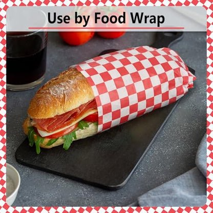 EcoDispose 12 x 12 Inches Grease Proof Deli Paper Precut Sheets for Deli Food, BBQ, Picnic, Party (100 Pcs, Red&White Checker) - size: Red Checker 12"x12"