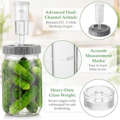 Mifoci 4 Pack Mason Jar Fermentation Kit 32 oz Wide Mouth Glass Fermenting Jars with Rust-free Airtight Lids, Glass Weights & Dual-channel Airlocks All-in-one Set for Kimchi Sauerkraut Pickles