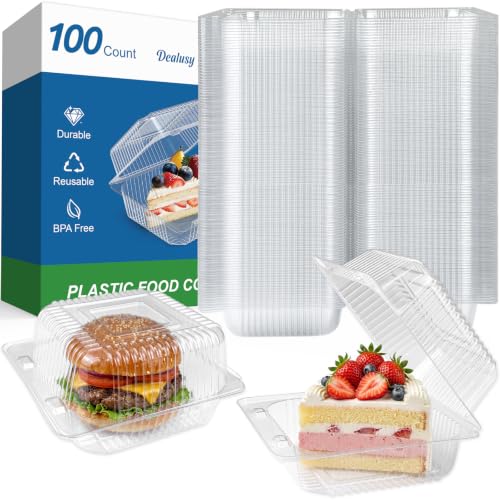 Dealusy 100 Pack Extra Heavy Duty Clear Slice Cake Carriers, Plastic Food Storage Containers, Premium Disposable Takeout Containers with Lids, To Go Boxes for Hamburger, Cake, Dessert, Salad, Sandwich