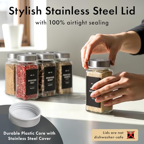 EDELHAUS Glass Spice Jars with Label, 24x Stainless Steel Lids | Airtight lids keep spices fresh; use as a spice organizer, seasoning containers or 4 oz jar set; funnel, brush & 240 labels - color: Stainless Steel Lid