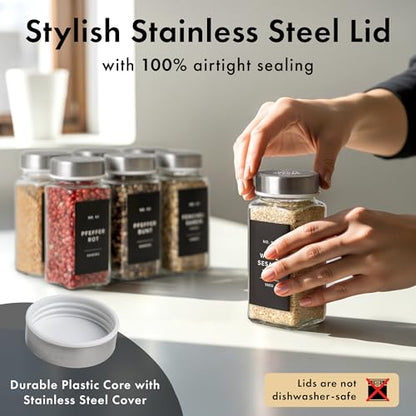 EDELHAUS Glass Spice Jars with Label, 24x Stainless Steel Lids | Airtight lids keep spices fresh; use as a spice organizer, seasoning containers or 4 oz jar set; funnel, brush & 240 labels - color: Stainless Steel Lid