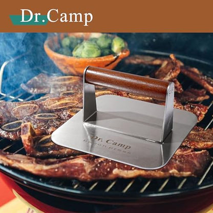 Dr.Camp 7 Inch Stainless Steel Burger Press with Real Wood Handle Heavy Duty Bacon Press Grill Press for Griddle Flat Top Smash Burger Press Hamburger Smasher Meat Press (Square) - style: Square