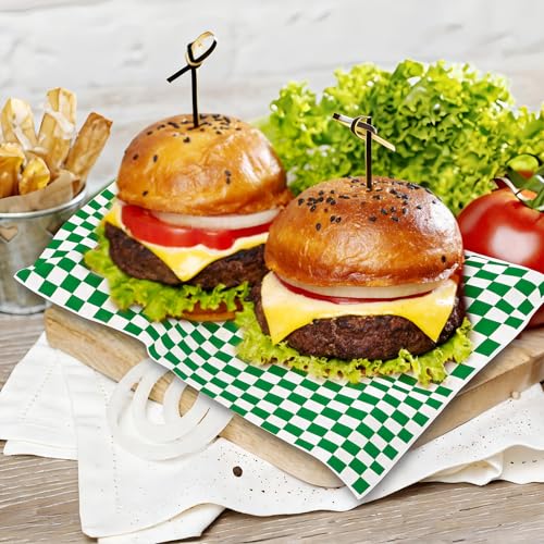 100pcs Deli Paper Sheets 12x12", Premium Food Basket Liners, Grease Resistant Wax Paper Sheets for Food, Classic Checkered Sandwich Wrapping Paper (Green & White) - color: Green & White