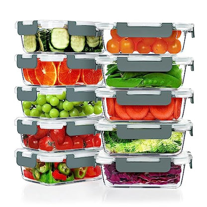 VERONES 10 Pack 22 OZ Glass Meal Prep Containers, Airtight Glass Lunch Containers Set, Glass Food Storage Containers with Lids,Exclusive of BPA, for Microwave, Oven, Freezer & Dishwasher Friendly,Grey - color: Grey