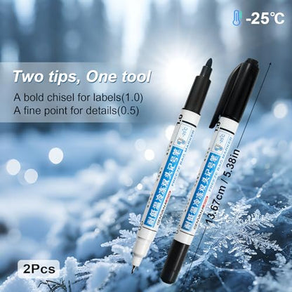 Freezer Bag Markers 2 Pack, Permanent Food Grade Pens with 1.0mm Chisel & 0.5mm Fine Tips for Freezer Labels, Fast Drying Waterproof Smudge Proof Ink Writes on Plastic, Glass, Metal, Foam