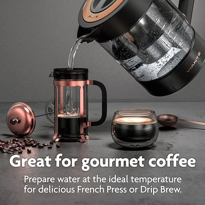 Viante Alba Electric Tea Kettle With Infuser, No Plastic, 1.5L, Black | Borosilicate glass & 304 stainless steel construction. 4 temp presets, keep-warm, cordless, auto shut-off - style: Black