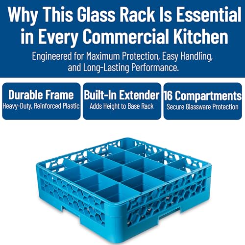 Carlisle FoodService Products Opticlean Glass Rack 16 Compartments with 1 Extender for Kitchens and Restaurants, 19.875" x 19.875" x 5.5", Compartment Size 4.45" x 4.45" Blue