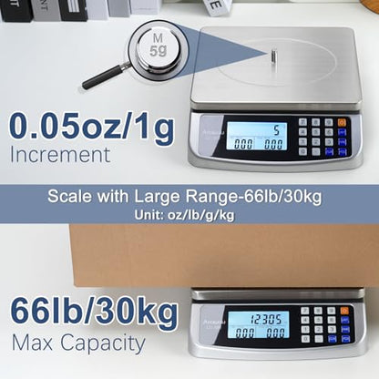 Atogou 66lb Food Scale, Commercial Kitchen Scale with Price Computing, Plug-in Usable, 0.05oz/1g, 304 Stainless Steel, for Cooking, Vegetables, Farm, Industry, Counting. LC300 Silver - style: Silver 66lb/30kg