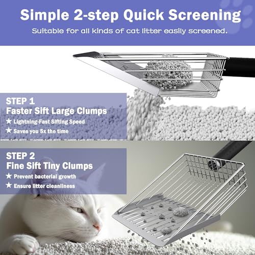 Cat Litter Scooper with Holder, Metal Litter Scoop Includes Portable Small Broom and Dustpan Set, Heavy Duty Stainless Steel Litter Scoop with Coarse and Fine Grid, Quick Sift and Easy Clean - color: Grey