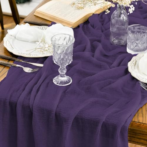 Artoid Mode Boho Cheesecloth Gauze Purple Wedding Table Runner, 120 Inch Seasonal Christmas Winter Fabric Kitchen Dining Holiday Table Decor for Home Party Indoor - color: Purple, size: 120"