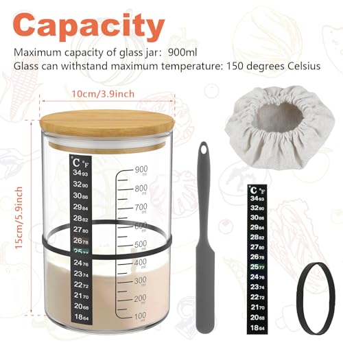 Mimoyalaso Sourdough Starter Jar Kit, 900ml Glass Jar with Scale Thermometer Paper, Temperature Resistant Sourdough Starter Container with Spatula, Cloth Cover & Lid for Sour Dough Bread Loaf