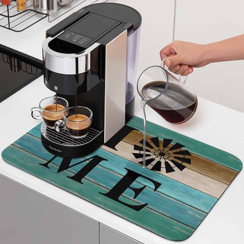 Vintage HOME Dish Drying Mat for Kitchen Counter, Retro Blue Brown Wood Grain Farm Windmill Super Absorbent Draining Mat Rubber Backing Dish Rack Pad for Dishes, Coffee Bar, Sinks, 12"x16" - color: Turquoise Brown, size: 16" x 12"