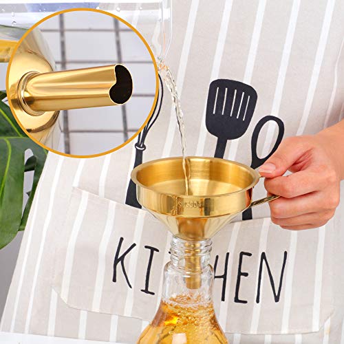 Stainless Steel Wide Mouth Funnels with Detachable Strainer, 5-inch Funnel for Filling Small Bottles and Jars, Cooking Oil and Transmission Liquid and Powder, Food Grade Metal Kitchen Funnels Gold - color: Gold