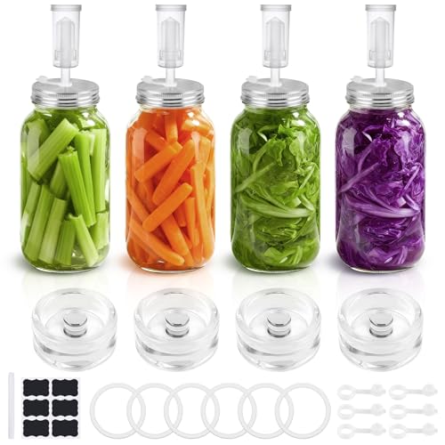 Fermentation Kit for Wide Mouth Mason Jars, 4 Easy-Lift Glass Weights, 4 Stainless Steel Fermentation Lids with Airlocks, 6 Silicone Rings and 6 Silicone Stoppers (Jars Not Included)
