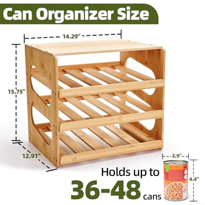 Aminigram Bamboo Rolling Can Organizer for Pantry, 4 Tier Pantry Can Organizers and Storage, Soup Can Organizer for Counter top Kitchen Cabinet