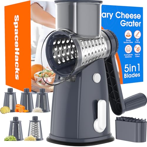 Rotary Cheese Grater Hand Crank with 5 Interchangeable Blades, Vegetable Slicer Chopper for Fruit Vegetable Nuts, Mandoline Slicer for Kitchen with Blades Rack & Suction Base, Grey - color: Gray