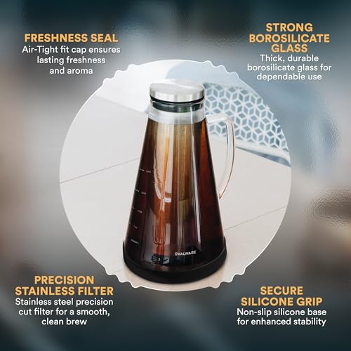 OVALWARE Airtight Cold Brew Iced Coffee Maker Pitcher (& Iced Tea Maker) with Spout – 1.5L/ 51oz Brewing Glass Carafe with Removable Stainless Steel Filter - size: 51 Ounces