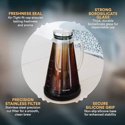 OVALWARE Airtight Cold Brew Iced Coffee Maker Pitcher (& Iced Tea Maker) with Spout – 1.5L/ 51oz Brewing Glass Carafe with Removable Stainless Steel Filter - size: 51 Ounces