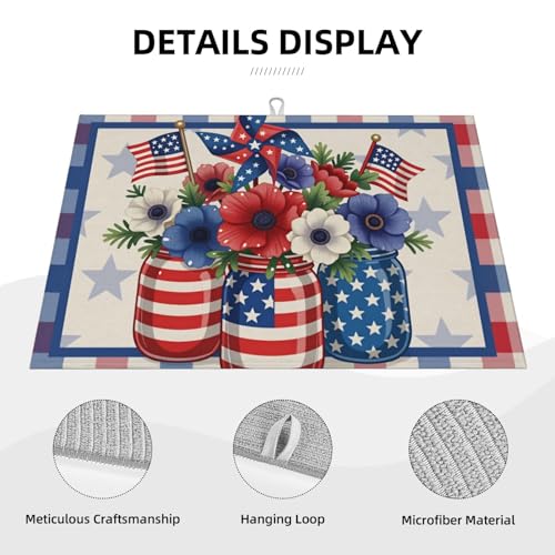 Patriotic Flowers In Mason Jars With American Flags And Pinwheel Microfiber Dish Drying Mat 18x24 Inch - Absorbent Non-Slip & Quick Dry Kitchen Counter Dish Drainer Pad, Rustic Farmhouse Style - color: Patriotic Flowers In Mason Jars With American Flags A