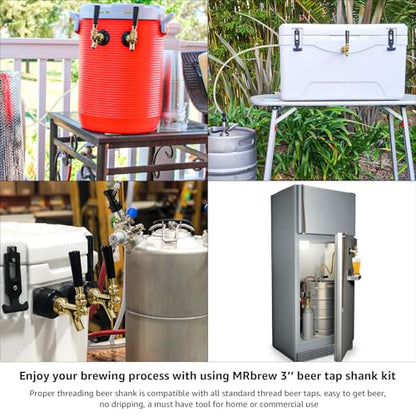 MRbrew Draft Beer Long Shank Faucet Kit, 4-1/8'' Beer Shank No Leak 1/4'' Beer Line Nipple Barb Fitting 304 stainless steel Self-Closing Golden Beer Tap for Kegerator Brewing Home Beer Party