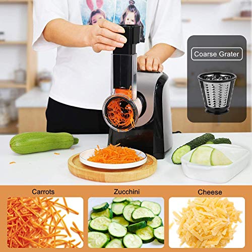 Electric Cheese Grater and Slicer Shredder for Kitchen, 150W 5 Cones | Salad Maker Grates slices shreds cheese vegetables fruits nuts,for salad pizza soup,5 stainless steel cones,one-touch control