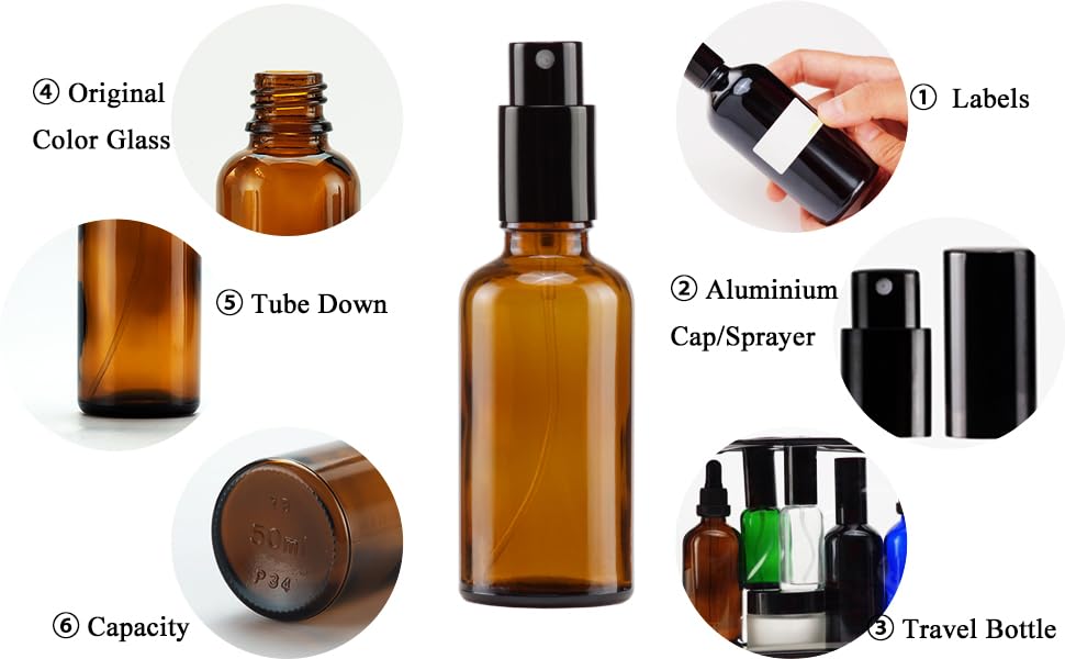 YIZHAO Amber Glass Spray Bottles 2oz, with Small Fine Mist Spray, Metal Cap, Refillable for Essential Oil,Travel,Cleaning,Perfume,Aromatherapy,Makeup – 6 Pcs - color: Amber, size: 50ml-6