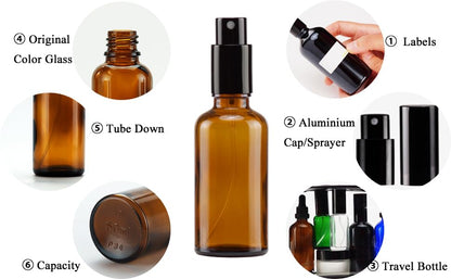 YIZHAO Amber Glass Spray Bottles 2oz, with Small Fine Mist Spray, Metal Cap, Refillable for Essential Oil,Travel,Cleaning,Perfume,Aromatherapy,Makeup – 6 Pcs - color: Amber, size: 50ml-6