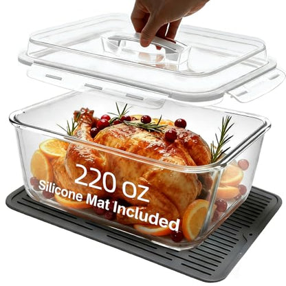 Extra Large Glass Storage Containers with Lids 220oz/6500ml/28cup | Silicone Mat Included | Borosilicate Glass | Airtight | Freezer Oven Dishwasher Safe | Rotisserie Chicken | XL Big Food Bowl - color: White handle