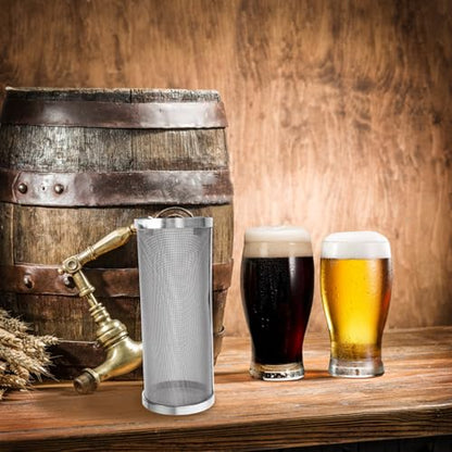 SHINEOFI Stainless Steel Brewing Filter Cylinder 10x25cm Mesh Strainer for Homebrew Beer Brewing Grain Filter Tube with Double Hook Holder