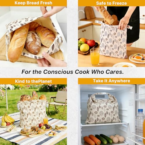 Reusable Beeswax Bread Bags Sourdough - Large Linen Bees Wax Bag for Storage Homemade Loaf - Cotton and Waxed Wrap Lined Container Lined for Sour Dough Fresh Food - Sealable Bread Keeper 2PK Set Gifts