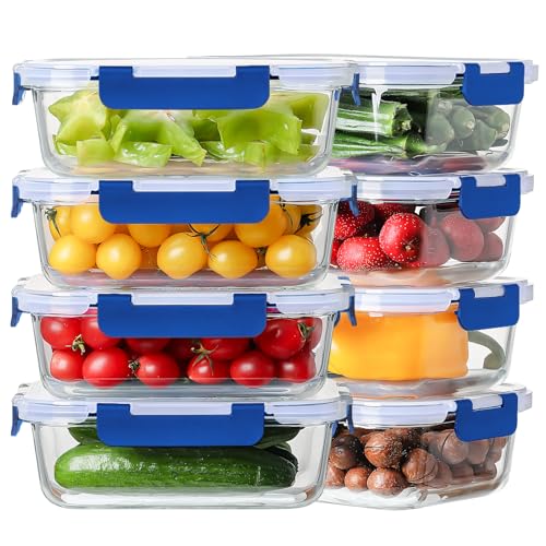8 Pack 36oz Large Glass Meal Prep Containers with lids, Glass Food Storage Containers with Leak Proof Snap Lock Lids , Airtight Bento lunch Boxes, Kitchen Storage, Oven and Dishwasher Safe-Deep Blue - color: Deep Blue