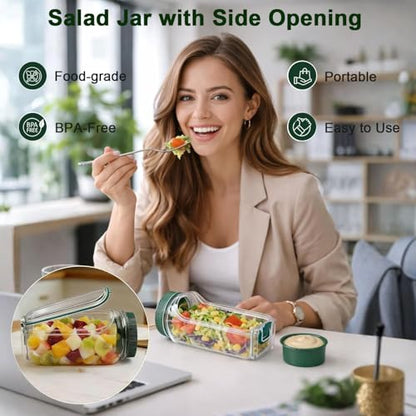 Salad Jar with Side Opening, Leakproof Mason Jar Container, Portable Salad To Go Container with Dressing Cup for Travel Home Office, Dishwasher Safe