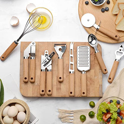 9pcs Kitchen Gadget Set with Wooden Handle, Stainless Steel Cooking Tools Kitchen Accessories Pizza Cutter, Egg Whisk, Vegetable Peeler, Can Opener, Garlic Press - color: Gadget Set