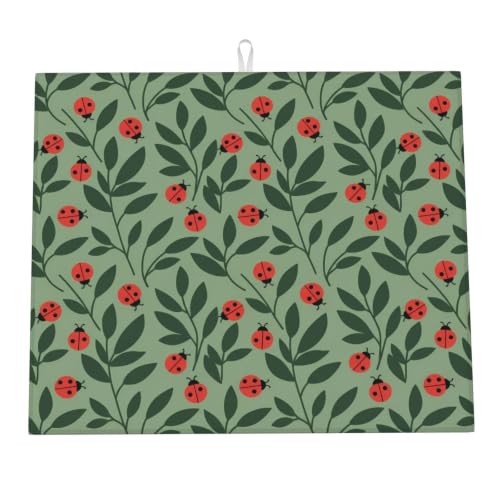 Red Ladybugs Green Leaves Dish Drying Mats for Kitchen Counter, Super Absorbent Microfiber Drainer Pad, Washable Reversible Appliance Protector, Everyday Kitchen Must-Have, 16x18 Inch - color: Red Ladybugs Green Leaves
