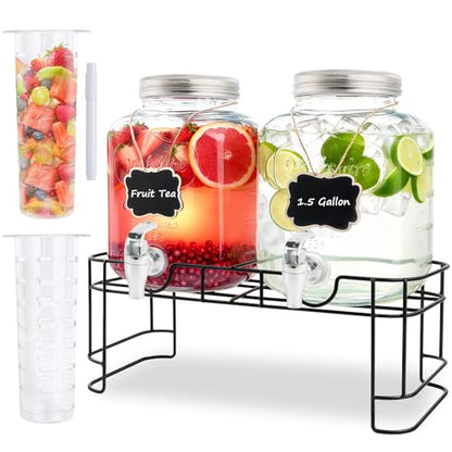 1.5 Gallon Glass Drink Dispensers For Parties-Set of 2,Drink Dispenser with Fruit Infuser & Stand,Juice or Beverage Dispenser for BBQ, Picnic, Party,Water Dispenser Laundry Detergent Dispenser - size: 1.5 Gallon Double With Stand