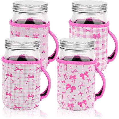 KJQJLY 4 Pcs Mason Jars Sleeves Neoprene 32oz Regular and Wide Mouth Mason Jar Sleeves Holder with Handle (Bows, 32 OZ) - color: Bows, size: 32 OZ