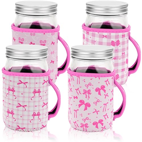 KJQJLY 4 Pcs Mason Jars Sleeves Neoprene 32oz Regular and Wide Mouth Mason Jar Sleeves Holder with Handle (Bows, 32 OZ) - color: Bows, size: 32 OZ