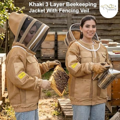 Khaki 3 Layer Beekeeping Jacket with Fencing Veil and Round Brim Hat (M) - size: M