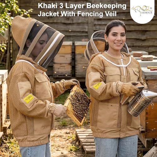 Khaki 3 Layer Beekeeping Jacket with Fencing Veil and Round Brim Hat (4XL) - size: 4XL