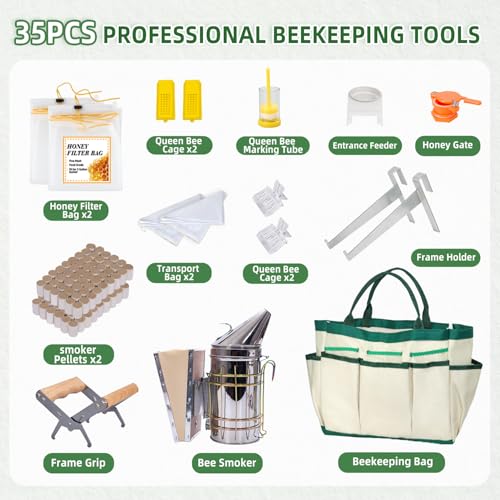 POLLIBEE 35Pcs Beekeeping Supplies Starter Kit with Bee Suit,Smoker & Frame Holder, Complete Bee Hive Tools Set with Oxford Bag for Beginner Beekeepers Men Women (XL)