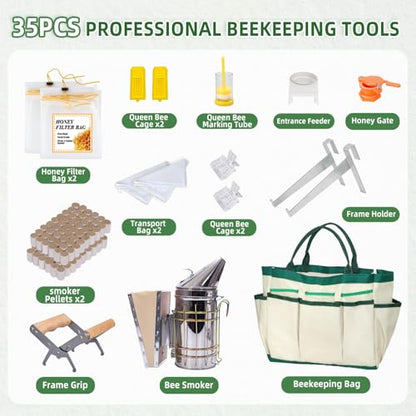 POLLIBEE 35Pcs Beekeeping Supplies Starter Kit with Bee Suit,Smoker & Frame Holder, Complete Bee Hive Tools Set with Oxford Bag for Beginner Beekeepers Men Women (XL)