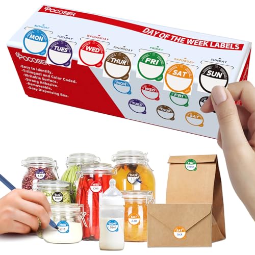 Label Stickers for Food Containers with Dispenser Box, Removable Day Dot Food Labels Peel Tab 7 Day of The Week for Home Freezer Restaurant Supplies Week Monthly Planners Meal Prep Accessory