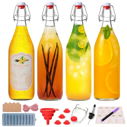 32oz Swing Top Glass Bottles - Flip Top Glass Beer Bottle with Airtight Stopper for Fermentation,Brewing,Clear Kombucha Bottles for Water, Beverages, Beer, Juice, Soda,Kefir,4 Pack - size: 32oz-4pack