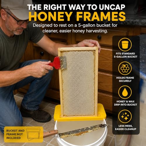 XICHENGSHIDAI Honey Uncapping Holder for 5 Gallon Bucket, Frame Rest | Supports a honey frame over a standard 5-gallon bucket; grooved scraper edge directs wax cappings and honey into the bucket.