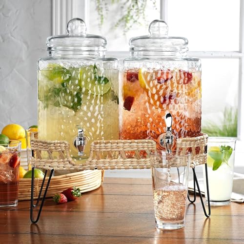 Beverage Dispensers - Set of 2 Glass Drink Dispensers with Metel Stand - 1.5-Gallon Capacity - Perfect for Lemonade, Juice, Water, Iced Tea, Punch (Wicker Design-Clear) - color: Wicker Design-Clear