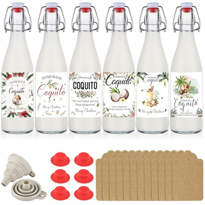 Sieral 6 Set Coquito Bottles 16 oz Christmas Swing Top Glass Bottles Christmas Flip Top Brewing Bottle for Vanilla Extract Homemade with Label Stickers Home Brewing Coquito Beverages Liqueur - color: Coquito