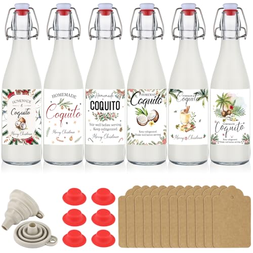 Sieral 6 Set Coquito Bottles 16 oz Christmas Swing Top Glass Bottles Christmas Flip Top Brewing Bottle for Vanilla Extract Homemade with Label Stickers Home Brewing Coquito Beverages Liqueur - color: Coquito