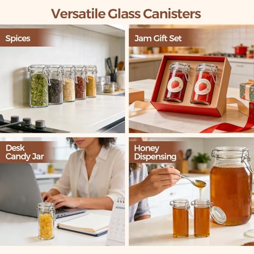 ComSaf 12 Pack 4 oz Glass Spice Jars with Airtight Swing Top Lids, Small Clear Containers for Pantry Organization, Herb Storage, DIY Crafts & Gifts - Complete Set Includes Funnel & Spice Labels - size: 4oz*12